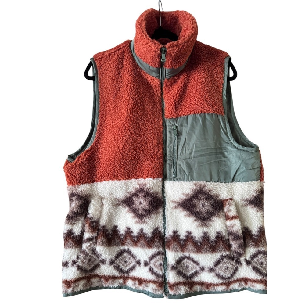 Urban Daizy‎ Sherpa Fleece Vest Aztec Print Orange Green Pockets Full Zip Warm